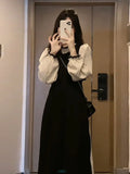 Vintage French Slim A-line Puff Sleeve Bodycon Dress Korea Patchwork Evening Long Dresses for Women Clothing Autumn Winter