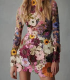 Sexy Women's Dress Spring Autumn Sweet Style Half Turtleneck 3D Flower Package Hip Sexy Straight Long Sleeve Mini Dress