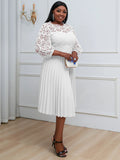 Chic snowsui Pleated Dress Hollow Out Lace Midi Dresses Puff Sleeve Spring Summer Plus Size Elegant Fashion Party Birthday Gowns