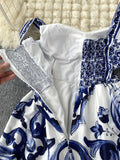 Runway Summer Holiday Maxi Dress Women's Spaghetti Strap V Neck Backless Blue And White Porcelain Print Vacation Long Vestido