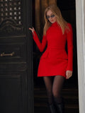 Women Fashion Solid High Collar Mini Dress Elegant Long Sleeves Double Pockets Decor A-line Dresses  Sexy Bodycon Robes