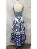 Runway Summer Holiday Maxi Dress Women's Spaghetti Strap V Neck Backless Blue And White Porcelain Print Vacation Long Vestido