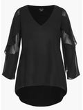 New Female Plus Size Casual Black Layered Ruffle Sleeve Top Office Lady A-Line Spring Autumn V-Neck Fashion Women's Top Blouse