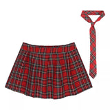 Womens Zipper Plaid Pleated Mini Skirt with Necktie Japanese Schoolgirls Uniform Skirts Cosplay Costume Fancy Dress Ball Outfit