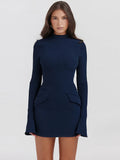 Mozision Dark Blue Two Pocket Sexy Mini Dress For Women Autumn Winter New Long Sleeve Bodycon Club Party Dress Elegant