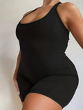 Plus Size New Summer Fashion Black Halter Sporty Jumpsuit, Women's Oversized Solid Color Sexy Body-Con Backless Clothing