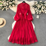 2024 New Elegant Spring Organza Red Puff Sleeve Prom Long Dress Fashion Women Stand Collar Ruffles High Waist Party Long Clothes