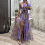 Elegant Formal Party Dress Elegant One Shoulder Tie-dye Ball Gown with Mesh Bubble Sleeves Split Hem Women's Evening Dress