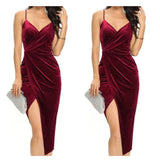 Cross Border European And American Women's Gold Velvet Strap Mid Length Dress Split Gold Stamped Sexy Nightclub Evening Dre