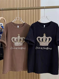 Crown Beading Letter Print Women's Plus Size T-shirt XL-4XL Diamond-studded Female New Tees 2024 Summer Cotton Short Sleeve Tops