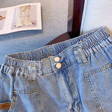 Plus-size women's summer casual denim shorts Blue washed denim fabric elastic waist large pocket design classic commuter jeans