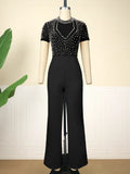 Luxury Beading Jumpsuit for Women Sheer Beaded High Neck Short Sleeve Wide Leg One Piece Rompers Party Club Wear Plus Size