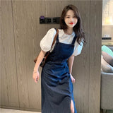 Women's Summer Fashion Side Split Dress Korean Edition Casual Denim Strap Dress Versatile Thin And Small Design Long Dress