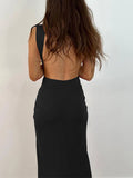 Fashion Backless Wrapped Slit Bodycon Dress for Women Summer Elegant Fashion Sleeveless Deep V Neck Twist Ruched Long Tank Dress