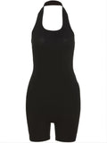 Plus Size New Summer Fashion Black Halter Sporty Jumpsuit, Women's Oversized Solid Color Sexy Body-Con Backless Clothing