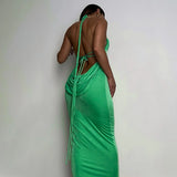Women Bodycon Open Back Long Dresses Chic Party Dress Solid Color Halter Neck Sleeveless Wrap Skirt, Green/ Blue/ Pink