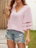 Plus Size New Women  Summer Loose V Neck Tops Ladies Mesh Stitching 3/4 Sleeve Casual Holiday Blouse Shirt Female Blusas