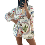Printed Pattern Women's Shirt Set Summer Casual Geometric Long Sleeved Single Breasted Top High Waisted Loose Beach Shorts Set