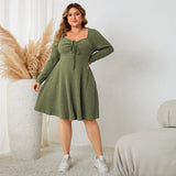 3XL 4XL V-neck Sexy Autumn Plus Size Women Clothing Solid Green Winter Knee-length Dress Square Collar Long Sleeve Sweater Dress