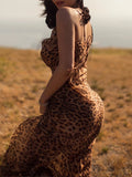Lace-up Leopard Print Bodycon Long Dress Summer Sexy Women's Backless Maxi Dresses Celebrity Evening Party Beach Slim Fit Dress