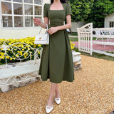Women's Long Dresses New Top Pure Color Casual Temperament Elegant Extended Vintage Tea Break Short Sleeve Long Dresses