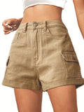 ZllKl  Rolled Hem Casual Denim Shorts, A-Line Flap Pockets Cargo Short Denim Pants, Women's Denim Jeans & Clothing