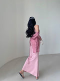 Zllkl Henna Solid Color Pink Spaghetti Straps Slim Fishtail Long Dress