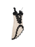 Zllkl Pamela Apricot Black Lace Panels French Slip V-Neck Side split Long Dress