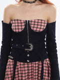 Zllkl Kianna Retro College Style Off-the-Shoulder Panels Waist Belt Plaid Pleated Mini Dress