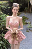 Zllkl Penelope Solid Color Pink V-Neck Spaghetti Strap Bow Design Slim Pleated Babydoll Summer Harajuku Mini Dress