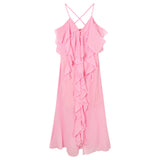 Zllkl Barbra Solid Color Pink Mesh Slip Midi Irregular Ruffled A-line Split Dress