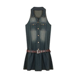 Zllkl Ianna Denim Washed Sleeveless Lapel Brown Waist Belt Multi-Pocket Mini Dress