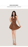 Zllkl Alexandria Solid Color Brown Satin Halter Neck Slim Sleeveless Pleated Mini Dress