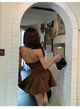 Zllkl Alexandria Solid Color Brown Satin Halter Neck Slim Sleeveless Pleated Mini Dress