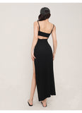 Zllkl May Solid Color Black Slim Spaghetti Strap Bandeau Cut-Out Long Slim Side Slit Dress