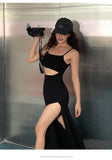 Zllkl May Solid Color Black Slim Spaghetti Strap Bandeau Cut-Out Long Slim Side Slit Dress