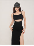 Zllkl May Solid Color Black Slim Spaghetti Strap Bandeau Cut-Out Long Slim Side Slit Dress
