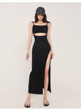 Zllkl May Solid Color Black Slim Spaghetti Strap Bandeau Cut-Out Long Slim Side Slit Dress