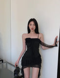 Zllkl Lily Solid Color Black Bandeau One-Shoulder Slip Tassel Slim Mini Dress