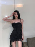 Zllkl Lily Solid Color Black Bandeau One-Shoulder Slip Tassel Slim Mini Dress