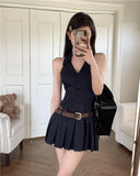 Zllkl Olivia Striped Navy Blue Slim Sleeveless V-neck Halter Neck Waist Belt Pleated A-line Mini Dress