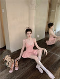 Zllkl Penelope Solid Color Pink V-Neck Spaghetti Strap Bow Design Slim Pleated Babydoll Summer Harajuku Mini Dress