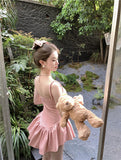 Zllkl Penelope Solid Color Pink V-Neck Spaghetti Strap Bow Design Slim Pleated Babydoll Summer Harajuku Mini Dress