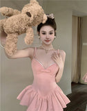 Zllkl Penelope Solid Color Pink V-Neck Spaghetti Strap Bow Design Slim Pleated Babydoll Summer Harajuku Mini Dress