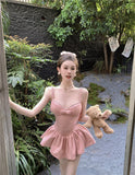 Zllkl Penelope Solid Color Pink V-Neck Spaghetti Strap Bow Design Slim Pleated Babydoll Summer Harajuku Mini Dress