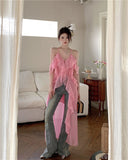 Zllkl Barbra Solid Color Pink Mesh Slip Midi Irregular Ruffled A-line Split Dress