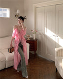 Zllkl Barbra Solid Color Pink Mesh Slip Midi Irregular Ruffled A-line Split Dress