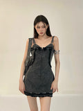 Zllkl Vanessa Denim Vintage V-Neck Spaghetti Strap Slim Mini Dress