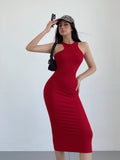 Zllkl Kim Solid Color Halter Neck Sleeveless Slim Long Dress