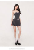 Zllkl Jennie Solid Color Sleeveless Bandeau Bow Black Pink Contrast Pleated Mini Dress